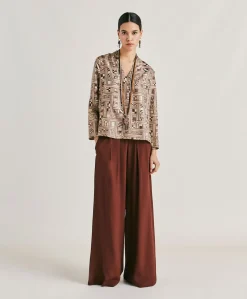 Blusa Ambroise In Twill Di Seta - Beige/ Tabacco