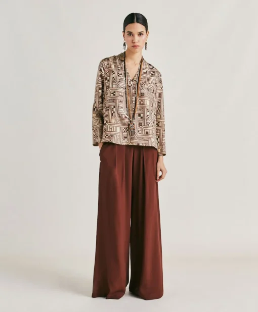 Blusa Ambroise In Twill Di Seta - Beige/ Tabacco