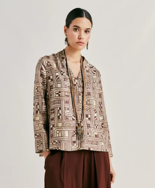 Blusa Ambroise In Twill Di Seta - Beige/ Tabacco