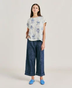 Blusa Curacao In Crepe De Chine - Panna/Azzurro