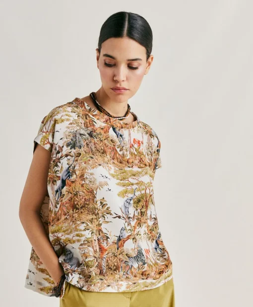Blusa Curacao In Crepe De Chine - Panna / Multicolor