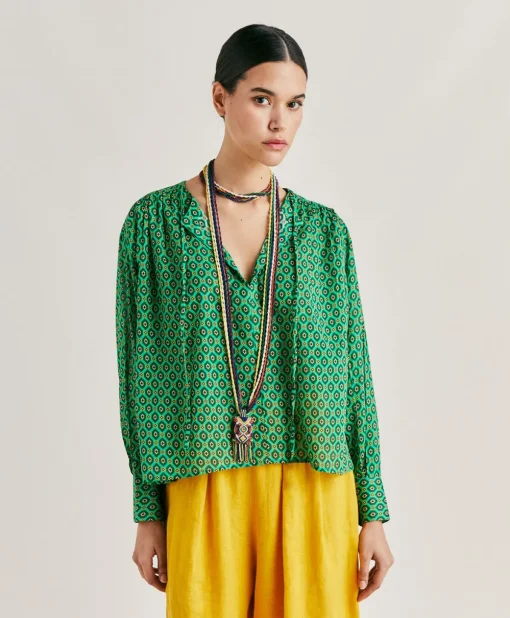 Blusa Gipsofilia In Voile Di Cotone Stampato - Smeraldo