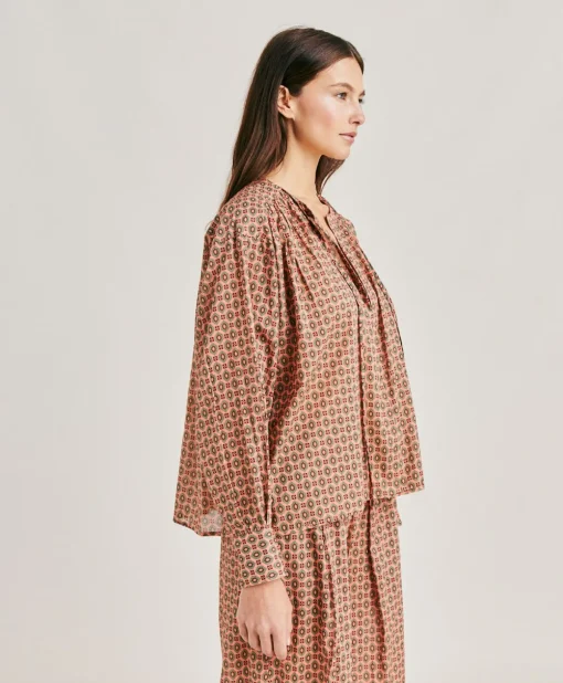 Blusa Gipsofilia In Voile Di Cotone Stampato - Corallo