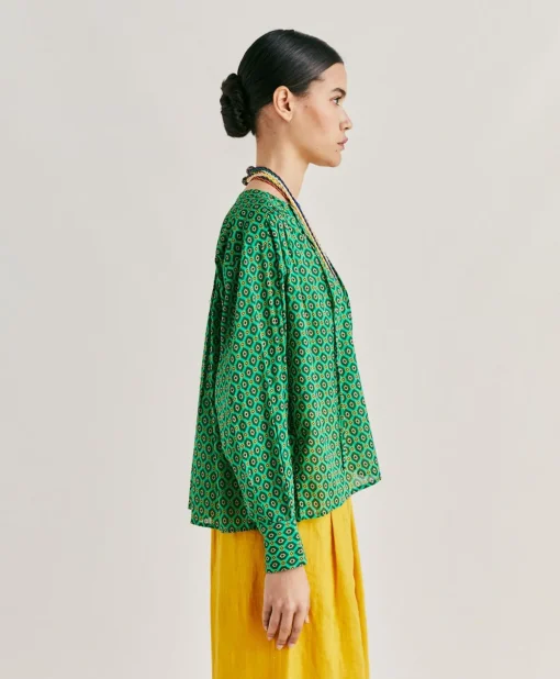 Blusa Gipsofilia In Voile Di Cotone Stampato - Smeraldo