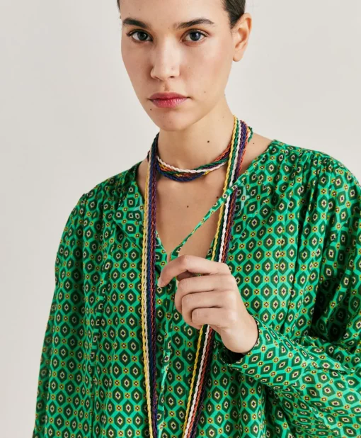 Blusa Gipsofilia In Voile Di Cotone Stampato - Smeraldo