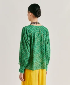 Blusa Gipsofilia In Voile Di Cotone Stampato - Smeraldo