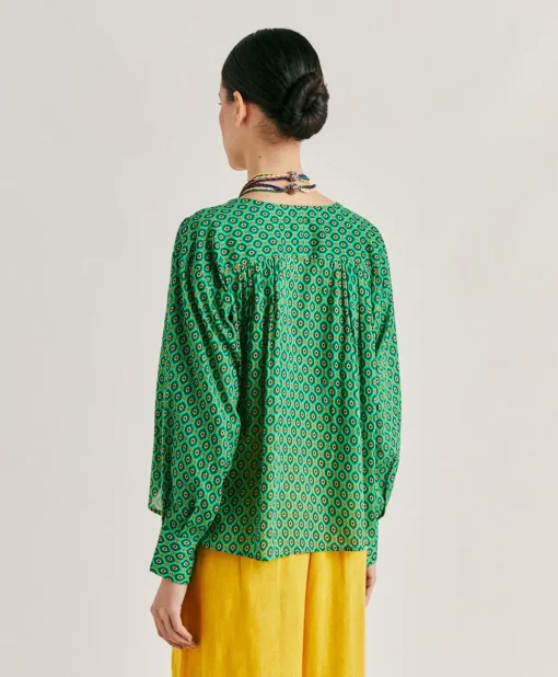 Blusa Gipsofilia In Voile Di Cotone Stampato - Smeraldo