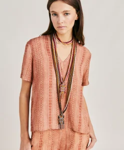 Blusa Osmanto In Viscosa Lino Stampato - Panna/Ruggine