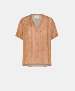 Blusa Osmanto In Viscosa Lino Stampato - Panna/Ruggine