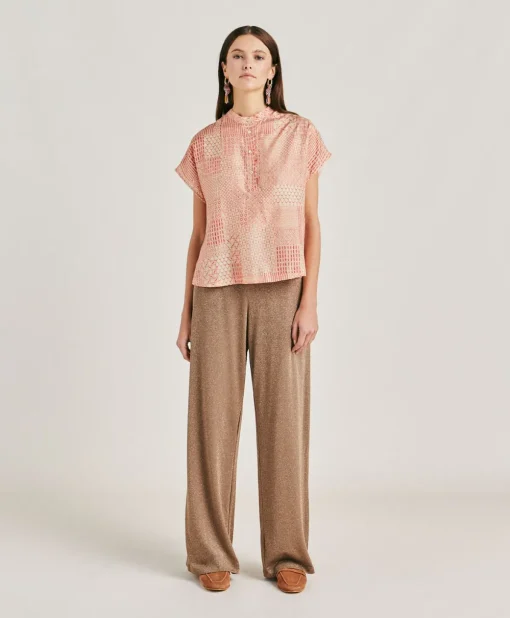 Blusa Paso In Haboutai Di Seta - Panna/Corallo