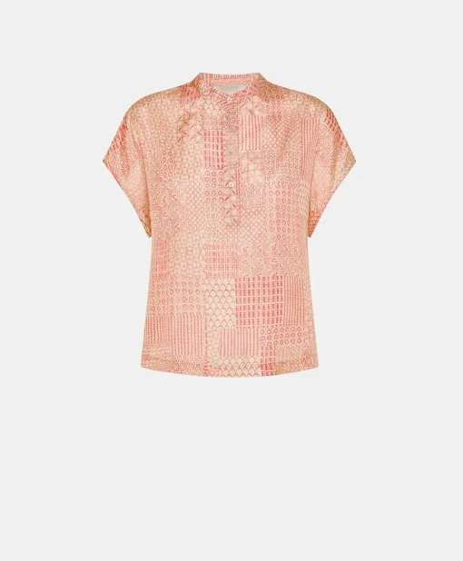 Blusa Paso In Haboutai Di Seta - Panna/Corallo
