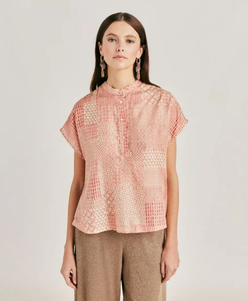 Blusa Paso In Haboutai Di Seta - Panna/Corallo