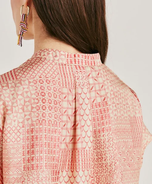 Blusa Paso In Haboutai Di Seta - Panna/Corallo