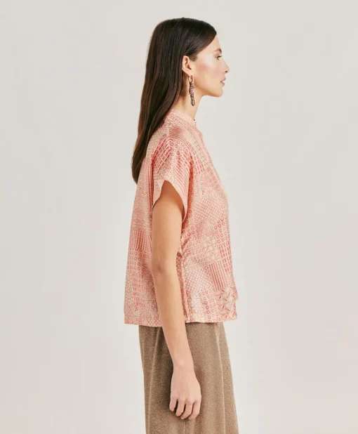 Blusa Paso In Haboutai Di Seta - Panna/Corallo