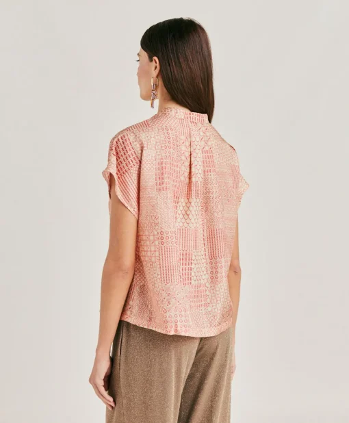 Blusa Paso In Haboutai Di Seta - Panna/Corallo