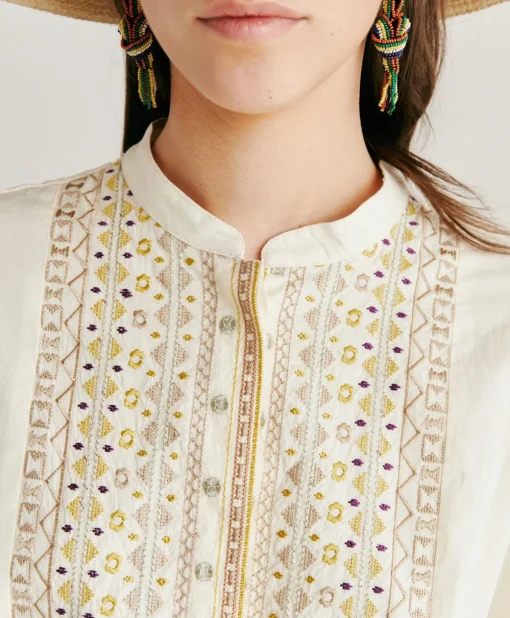 Blusa Raphael Con Voile Di Cotone Ricamato - Panna