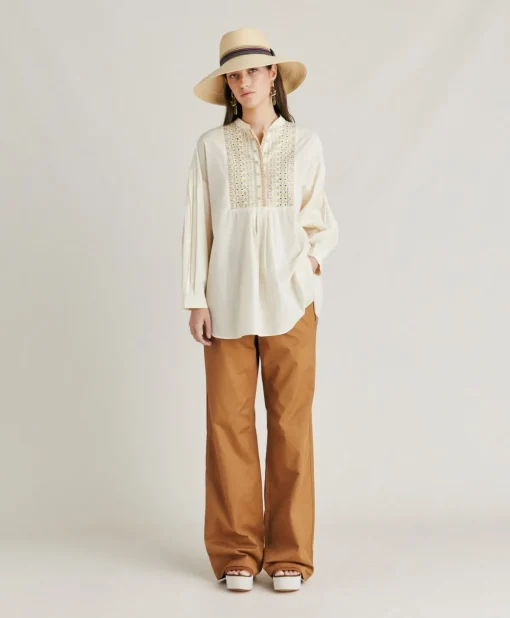 Blusa Raphael Con Voile Di Cotone Ricamato - Panna