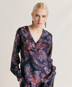 Blusa Torret In Twill Di Seta - Blu Notte Multicolor