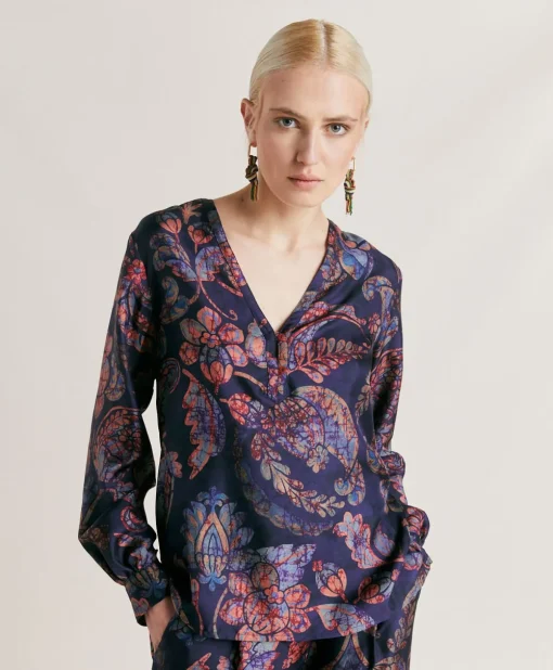 Blusa Torret In Twill Di Seta - Blu Notte Multicolor