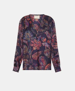 Blusa Torret In Twill Di Seta - Blu Notte Multicolor