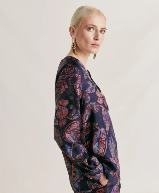 Blusa Torret In Twill Di Seta - Blu Notte Multicolor