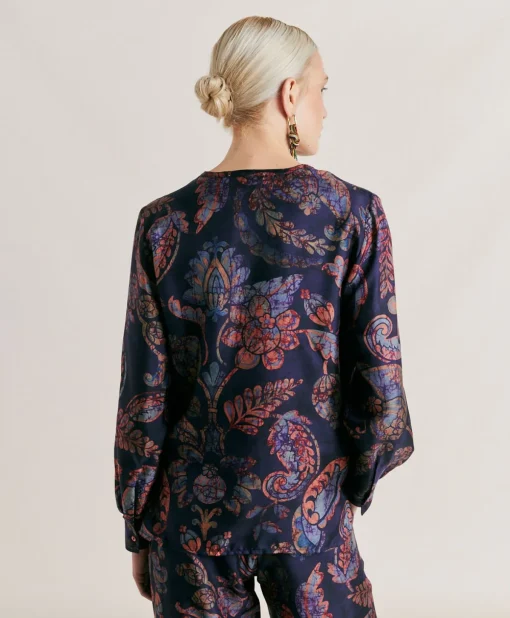 Blusa Torret In Twill Di Seta - Blu Notte Multicolor
