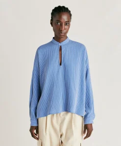 Blusa Zoe A Righe In Seta Viscosa - Azzurro/Panna