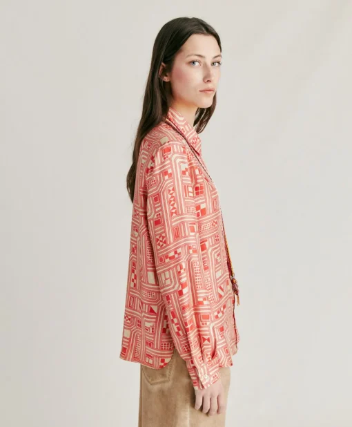 Camicia Arles In Twill Di Seta - Beige/ Corallo