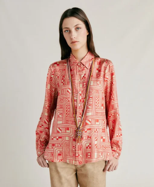 Camicia Arles In Twill Di Seta - Beige/ Corallo