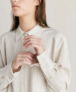 Camicia Aura A Righe In Seta Viscosa - Panna/ Caramello