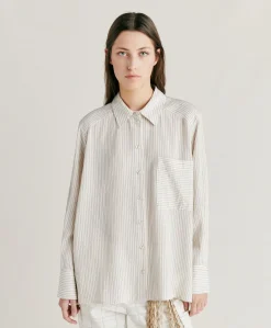 Camicia Aura A Righe In Seta Viscosa - Panna/ Caramello