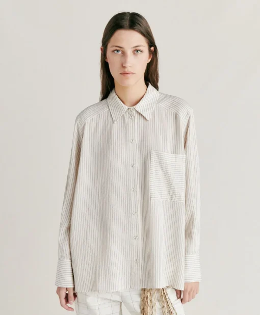 Camicia Aura A Righe In Seta Viscosa - Panna/ Caramello