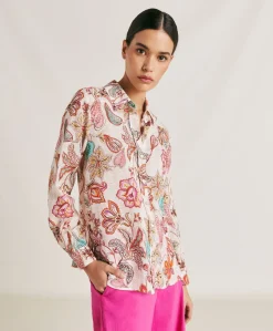 Camicia Estreta In Viscosa Lino - Rosa Multicolor