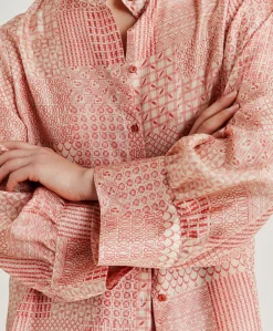 Camicia Franklin In Haboutai Di Seta - Panna/Corallo