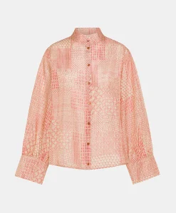 Camicia Franklin In Haboutai Di Seta - Panna/Corallo
