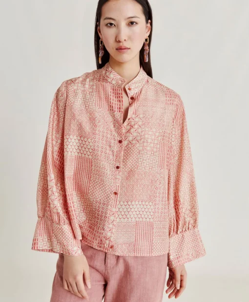 Camicia Franklin In Haboutai Di Seta - Panna/Corallo