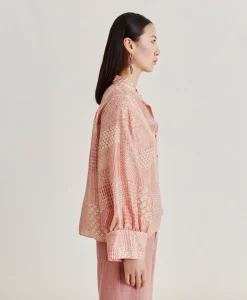 Camicia Franklin In Haboutai Di Seta - Panna/Corallo