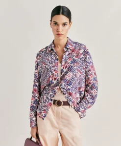 Camicia Shirt In Crepe De Chine - Panna/Violaceo