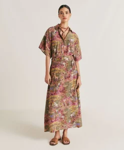 Gonna Olla In Crepe De Chine - Oliva Multicolor