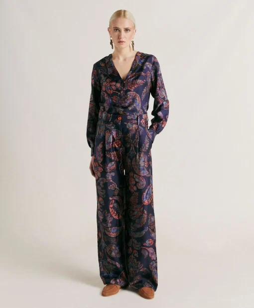 Pantaloni Austin In Twill Di Seta - Blu Notte Multicolor