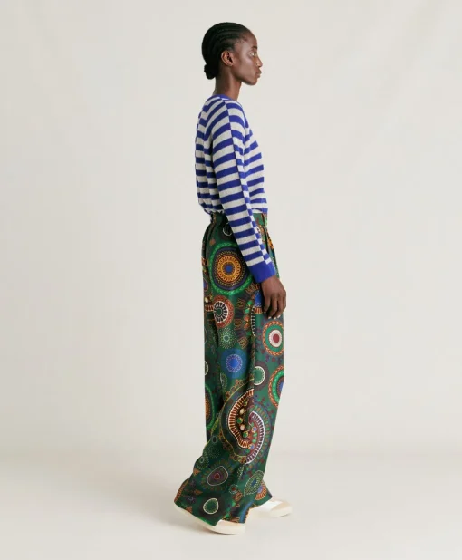Pantaloni Lanzarote In Haboutai Di Seta - Verdone Multicolor