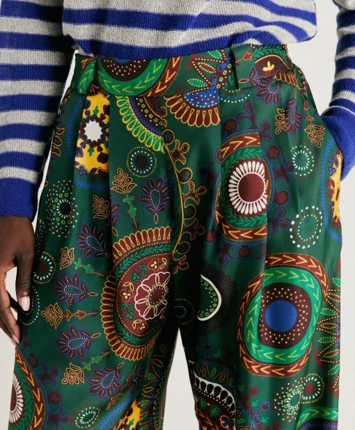 Pantaloni Lanzarote In Haboutai Di Seta - Verdone Multicolor