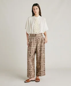 Pantaloni Magnisi In Twill Di Seta - Beige/ Tabacco