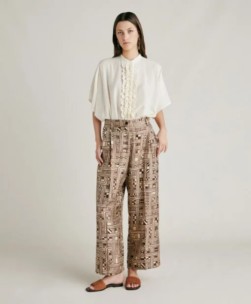 Pantaloni Magnisi In Twill Di Seta - Beige/ Tabacco