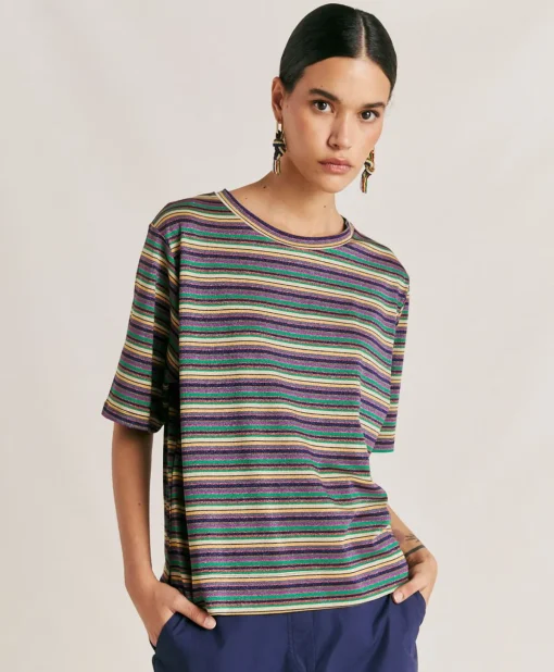 Thirt Iora In Jersey Lurex A Righe - Multicolor Verde
