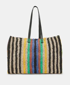 Tote Bag Ellis In Raffia A Righe - Multicolor