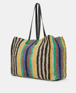 Tote Bag Ellis In Raffia A Righe - Multicolor