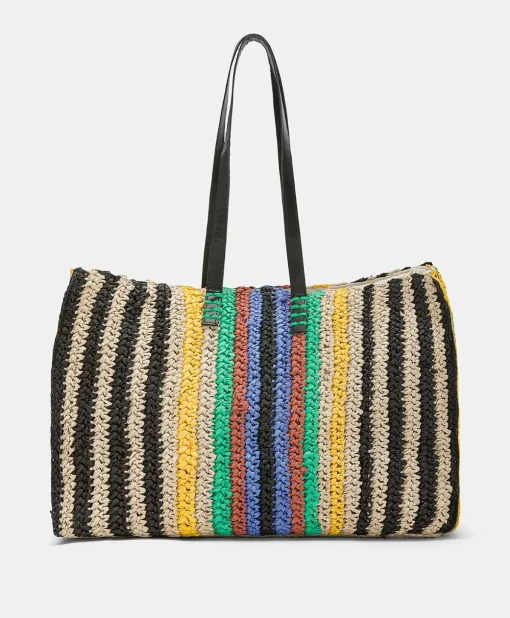 Tote Bag Ellis In Raffia A Righe - Multicolor