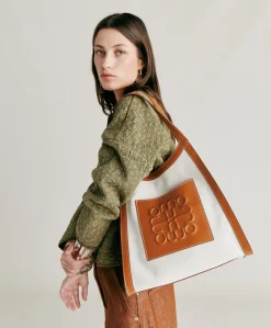 Tote Bag Geraldine In Pelle E Canvas - Beige