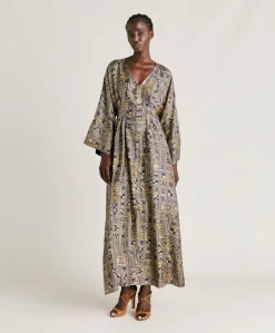 Vestito Fortuna In Twill Di Seta - Oro/Blu
